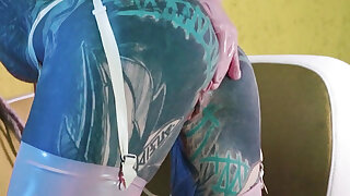 Sexy Tattooed Girl in Latex DP Herself with Toys