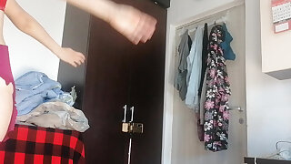 Sexy Latina Having Fun Trying on Clothes and Cutting Them